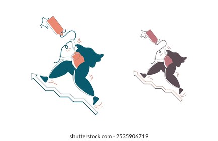 Ilustración de una mujer corriendo hacia arriba, unida a una etiqueta de Precio en una flecha hacia arriba.