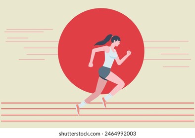 Illustration of a woman running in a white tank top and blue shorts. Running athlete flat design illustration.