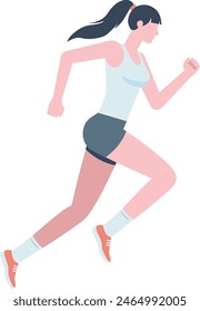 Illustration of a woman running in a white tank top and blue shorts. Running athlete flat design illustration.