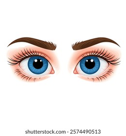 Illustration of a woman 's eyes with blue eyes and brown hair.