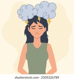 Eine Illustration einer Frau mit traurigem Ausdruck, umgeben von Sturmwolken und Blitzen, die Stress, Angst und mentale Überwältigung symbolisieren. Ideal für Inhalte, die sich auf Herausforderungen im Bereich der psychischen Gesundheit konzentrieren.