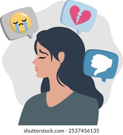 Una ilustración de una mujer con una expresión triste, rodeada de burbujas de pensamiento que representan llanto, desamor y desaprobación. Ideal para contenido relacionado con problemas de salud mental.