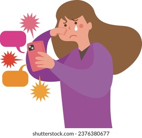 Illustration of a woman saddened by slander on SNS