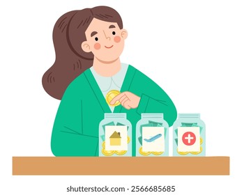 illustration of woman saving money in jars