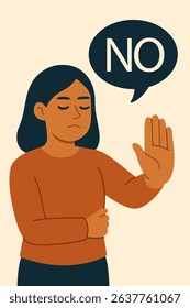 Illustration of a woman saying no with a serious expression, raising her hand to set a boundary. Concept of assertiveness, personal space, and emotional self-protection.