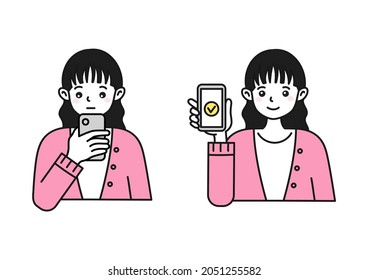 Illustration of a woman searching on a smartphone or showing a screen 
