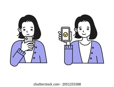 Illustration of a woman searching on a smartphone or showing a screen 