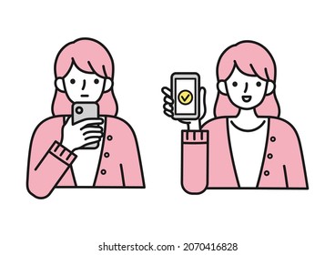 Illustration of a woman searching on a smartphone or showing a screen 
