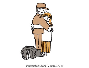 Illustration of a woman seeing off a man going to the army People bidding farewell