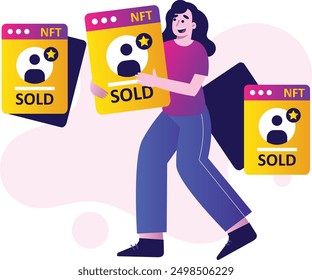 illustration of a woman selling nft, vector illustration of NFT token selling technology for cryptocurrency. vector flat design concept