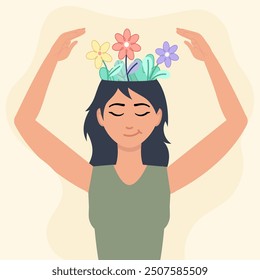 An illustration of a woman with a serene expression, arms raised, and flowers blooming from her head, symbolizing personal growth and mental well-being. Ideal for content focused on positive mental 