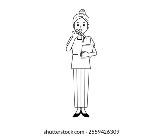 Illustration of a woman serving customers in pants style.　Beauty advice staff.