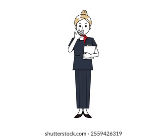 Illustration of a woman serving customers in pants style.　Beauty advice staff.