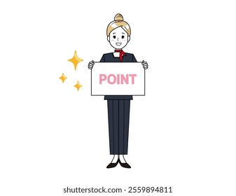 Illustration of a woman serving customers in pants style. Beauty advice staff.