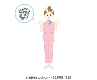 Illustration of a woman serving customers in pants style. Beauty advice staff.