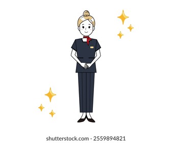 Illustration of a woman serving customers in pants style. Beauty advice staff.