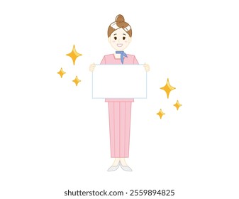 Illustration of a woman serving customers in pants style. Beauty advice staff.