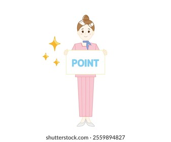 Illustration of a woman serving customers in pants style. Beauty advice staff.