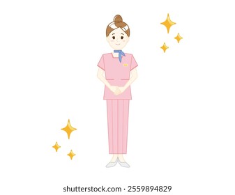 Illustration of a woman serving customers in pants style. Beauty advice staff.