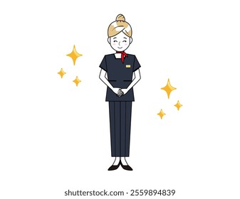 Illustration of a woman serving customers in pants style. Beauty advice staff.