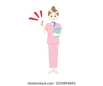 Illustration of a woman serving customers in pants style. Beauty advice staff.