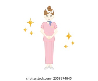 Illustration of a woman serving customers in pants style. Beauty advice staff.