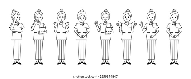 Illustration of a woman serving customers in pants style. Beauty advice staff.