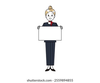 Illustration of a woman serving customers in pants style. Beauty advice staff.