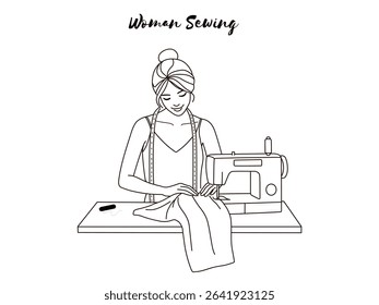 Illustration of a woman sewing using a sewing machine, highlighting skill and creativity. Perfect for fashion, tailoring, DIY, and craft-related projects. Clean, versatile, and modern design.