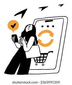 an illustration of a woman with a shopping cart on her phone