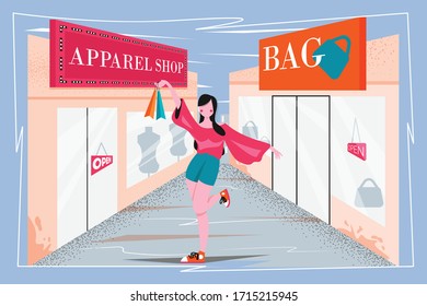 illustration of woman shopping cartoon style, vector, flat design character.