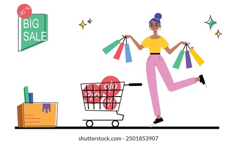 Illustration of a woman shopping during a big sale, holding shopping bags and pushing a cart with discount symbols, representing retail sales, discounts, and shopping enthusiasm.

