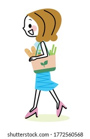 Illustration of a woman shopping with eco bags.