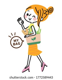 Illustration of a woman shopping with eco bags.