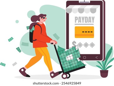 illustration of a woman shopping online on payday. Vector illustration with colorful and flat design