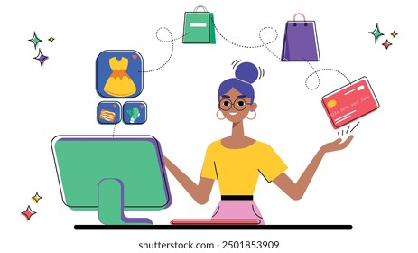 Illustration of a woman shopping online using a desktop computer, with product icons, shopping bags, and a credit card, representing e-commerce, digital retail, and online purchasing.

