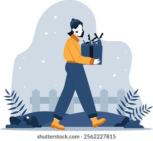 Illustration of a woman shopping in winter. Vector flat illustration design with winter theme