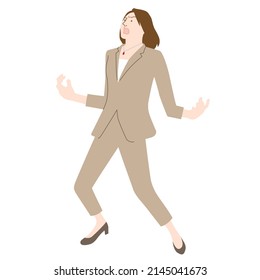 Illustration of a woman shouting with her arms outstretched to her sides (white background, vector, cut out)