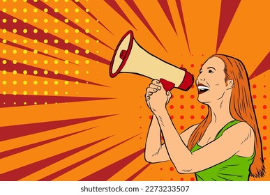 Illustration of a woman shouting on megaphone toa loudspeaker tool. Illustration of a female protesting or yelling announcement. Illustration of a woman in retro comic pop art poster style.