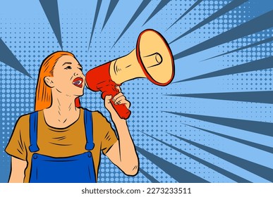 Illustration of a woman shouting on megaphone toa loudspeaker tool. Illustration of a female protesting or yelling announcement. Illustration of a woman in retro comic pop art poster style.