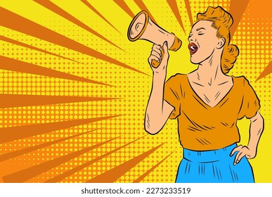 Illustration of a woman shouting on megaphone toa loudspeaker tool. Illustration of a female protesting or yelling announcement. Illustration of a woman in retro comic pop art poster style.