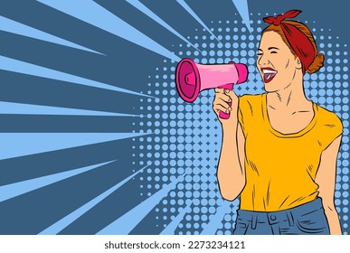 Illustration of a woman shouting on megaphone toa loudspeaker tool. Illustration of a female protesting or yelling announcement. Illustration of a woman in retro comic pop art poster style.