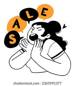 an illustration of a woman shouting the word sale