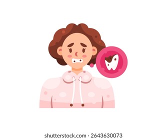 illustration of a woman showing her cavities. sad because of brown teeth. dental hygiene and condition issues. missing teeth. cavity concept. facial expression. flat style character design