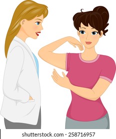 Illustration of a Woman Showing Her Flabby Arms to Her Cosmetic Surgeon