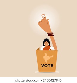 Illustration of a woman showing her hand with electoral stain after casting vote.Concept of election in India