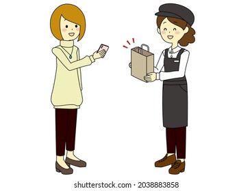 Illustration of a woman showing her phone to receive takeout.