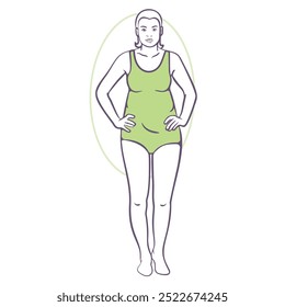 Illustration of woman showing oval body shape and its features in green swimsuit on plain white background.