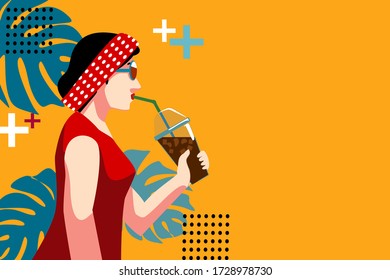 The Illustration of  woman in side view. She is drinking ice coffee with monstera leaves background.