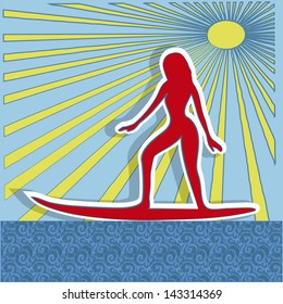 illustration of woman silhouette or surfing with his board on sea waves on a sunny day